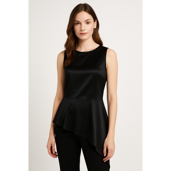 Express Womens Blouse Black Peplum Asymmetrical Top Medium Career Evening - Picture 1 of 15